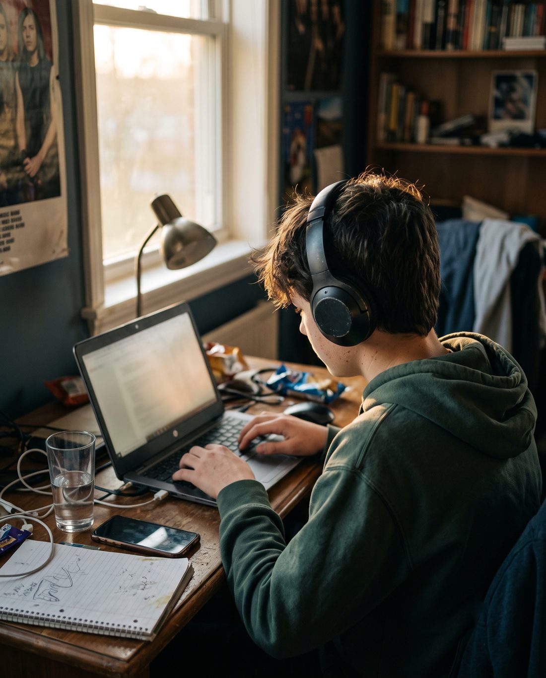 A young person at a cluttered desk wearing over-ear headphones, working on a laptop in late afternoon light.