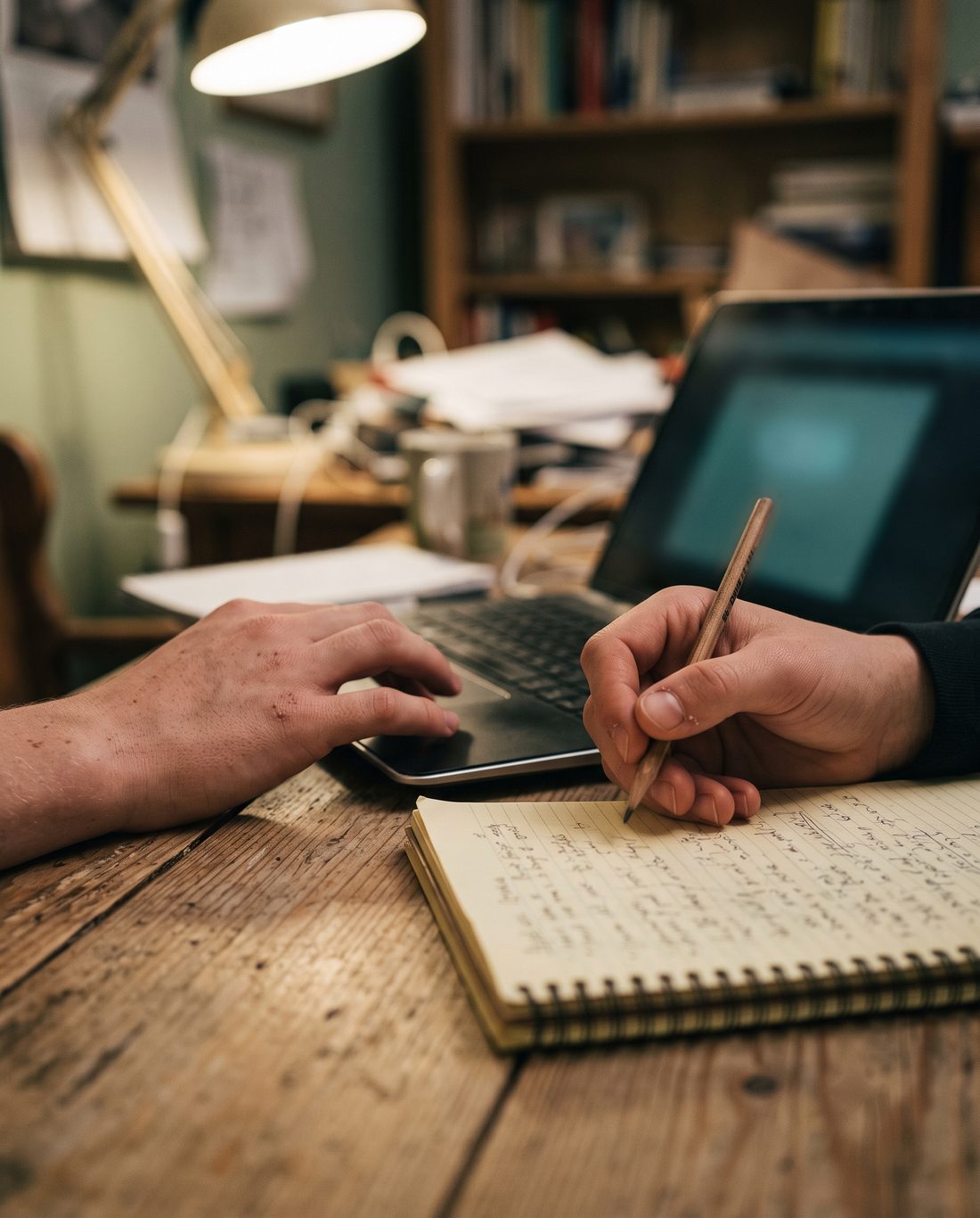 Close view of a young person&rsquo;s hands at a laptop, one on the trackpad and the other holding a pencil over an open spiral notebook.